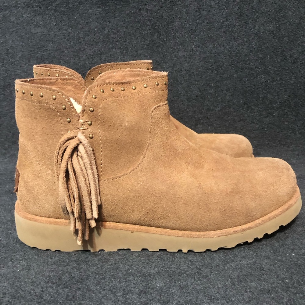 UGG Cindy Fringe Chestnut Leather Ankle Boots Fur Lined Booties Size 5